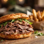 Lion's Choice calories: roast beef sandwich and fries on a wooden table