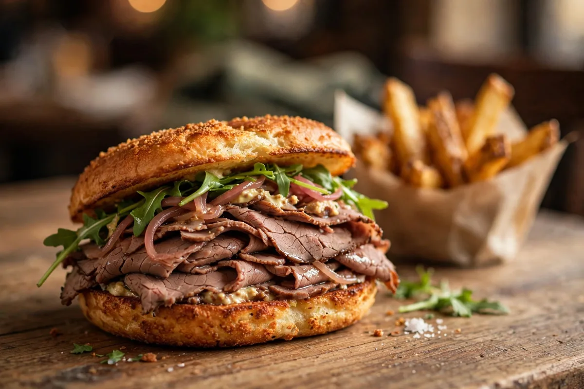 Lion's Choice calories: roast beef sandwich and fries on a wooden table