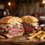 Lion's Choice secret menu roast beef sandwich with Swiss cheese and au jus