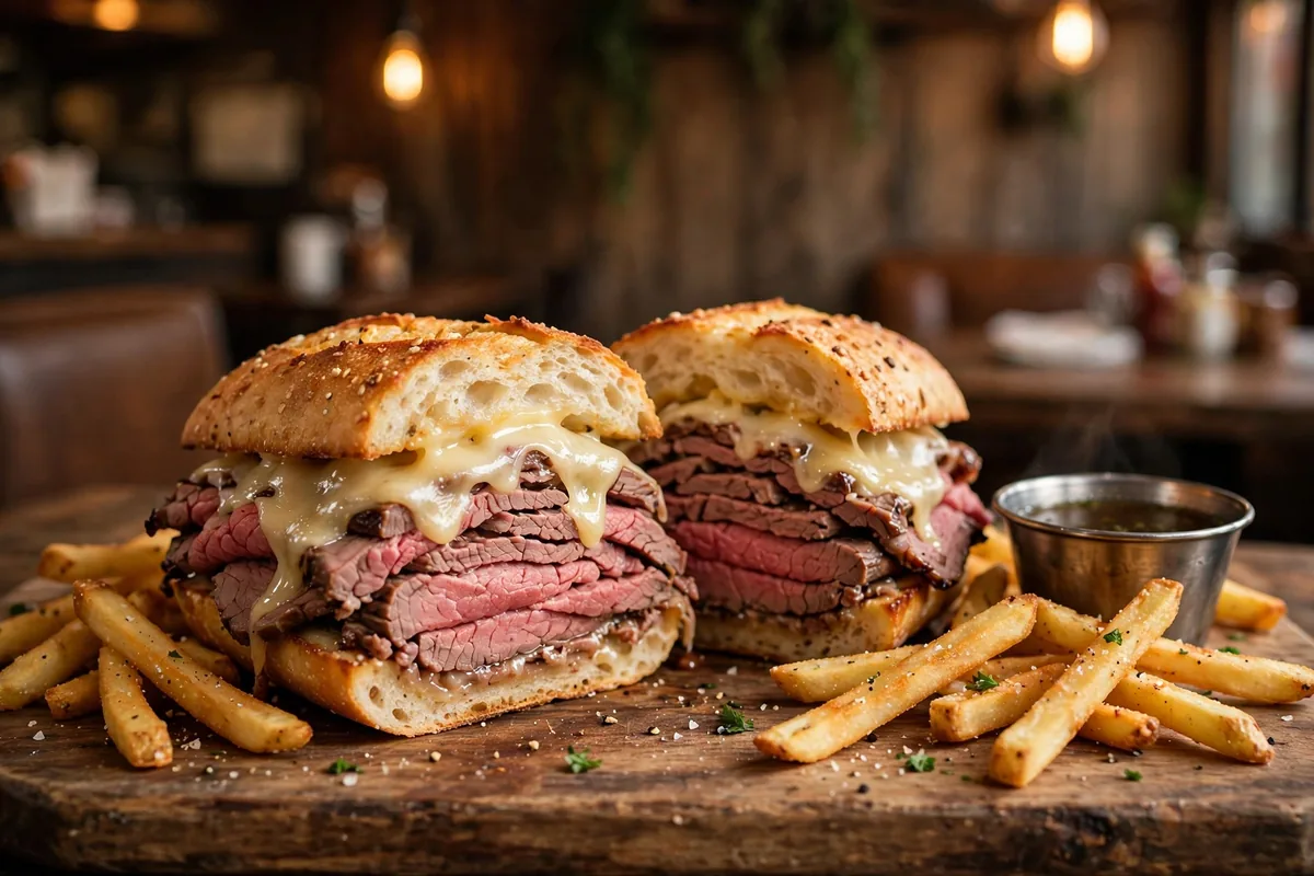 Lion's Choice secret menu roast beef sandwich with Swiss cheese and au jus