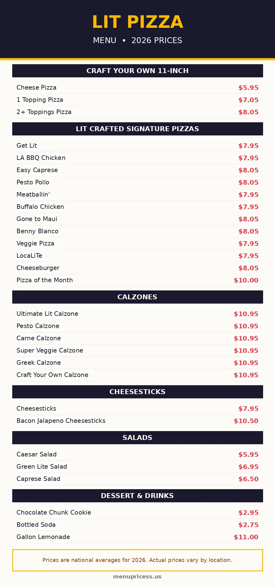 LIT Pizza menu prices 2026 full menu card with all pizzas, calzones and salads
