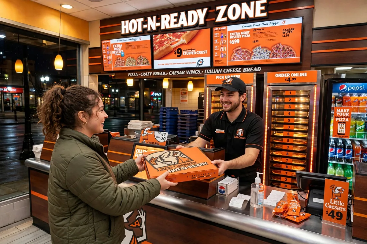 Little Caesars restaurant interior with Pizza Portal pickup lockers and Hot-N-Ready pizza boxes