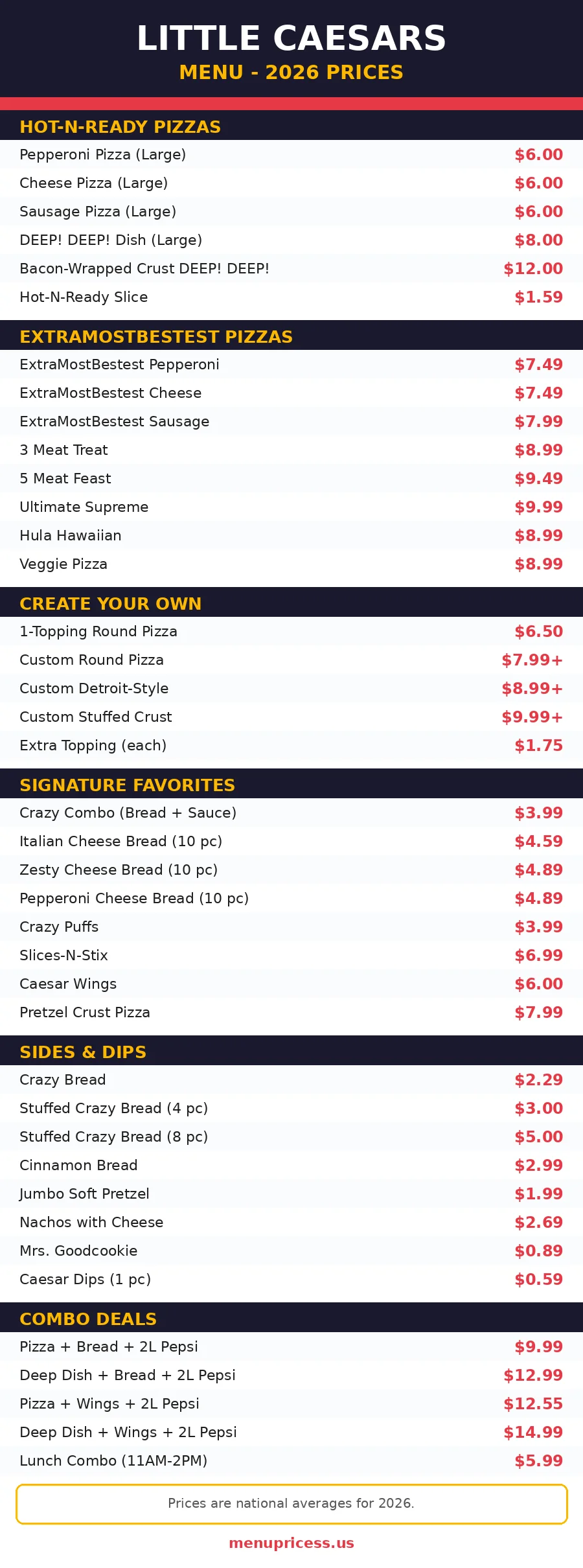 Little Caesars menu prices 2026 menu card with pizza prices