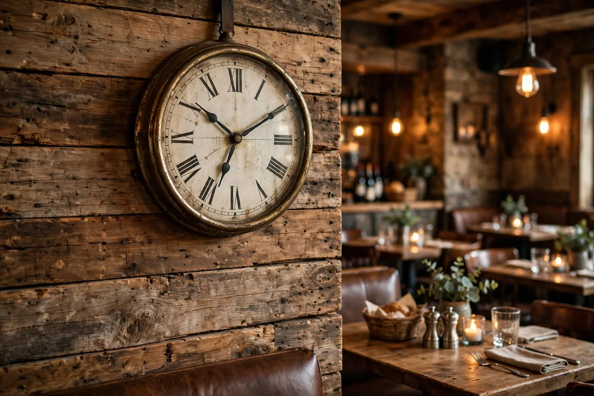 Logan's Roadhouse working hours - vintage wall clock in a rustic roadhouse restaurant