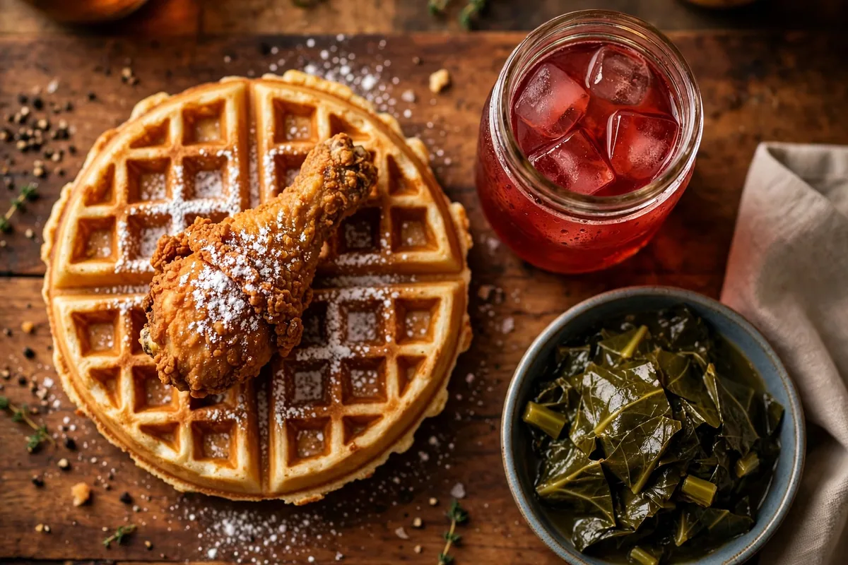 Lolos chicken waffles menu items: fried chicken, waffle, Kool-Aid and collard greens
