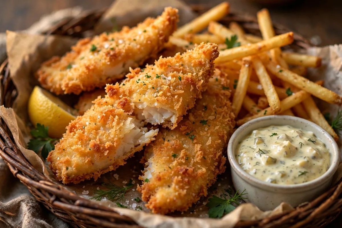 Crispy Long John Silvers fish and chips basket with tartar sauce