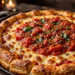 Lou Malnati's menu with 2026 prices, deep dish Chicago pizza on a wooden table