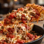 Lou Malnatis menu calories guide 2026: deep dish pizza slice with bubbling cheese
