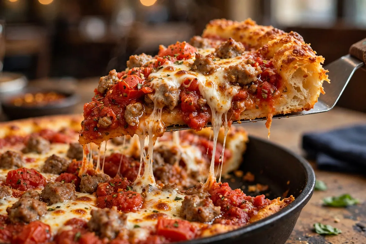 Lou Malnatis menu calories guide 2026: deep dish pizza slice with bubbling cheese