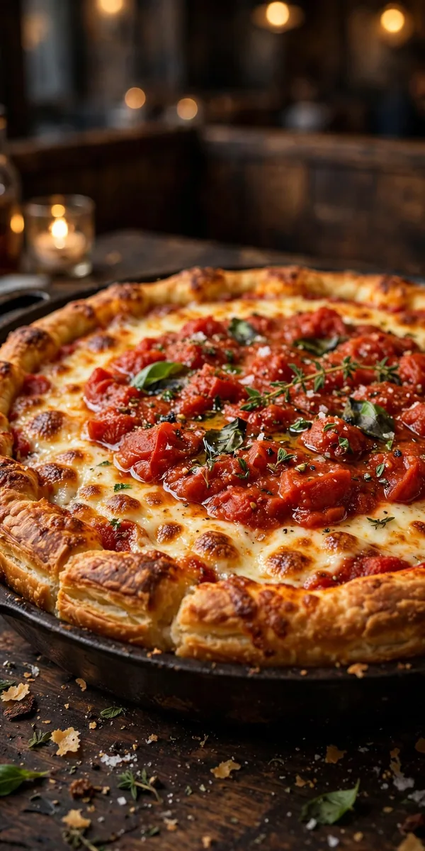 Lou Malnati's menu with 2026 prices, deep dish Chicago pizza on a wooden table