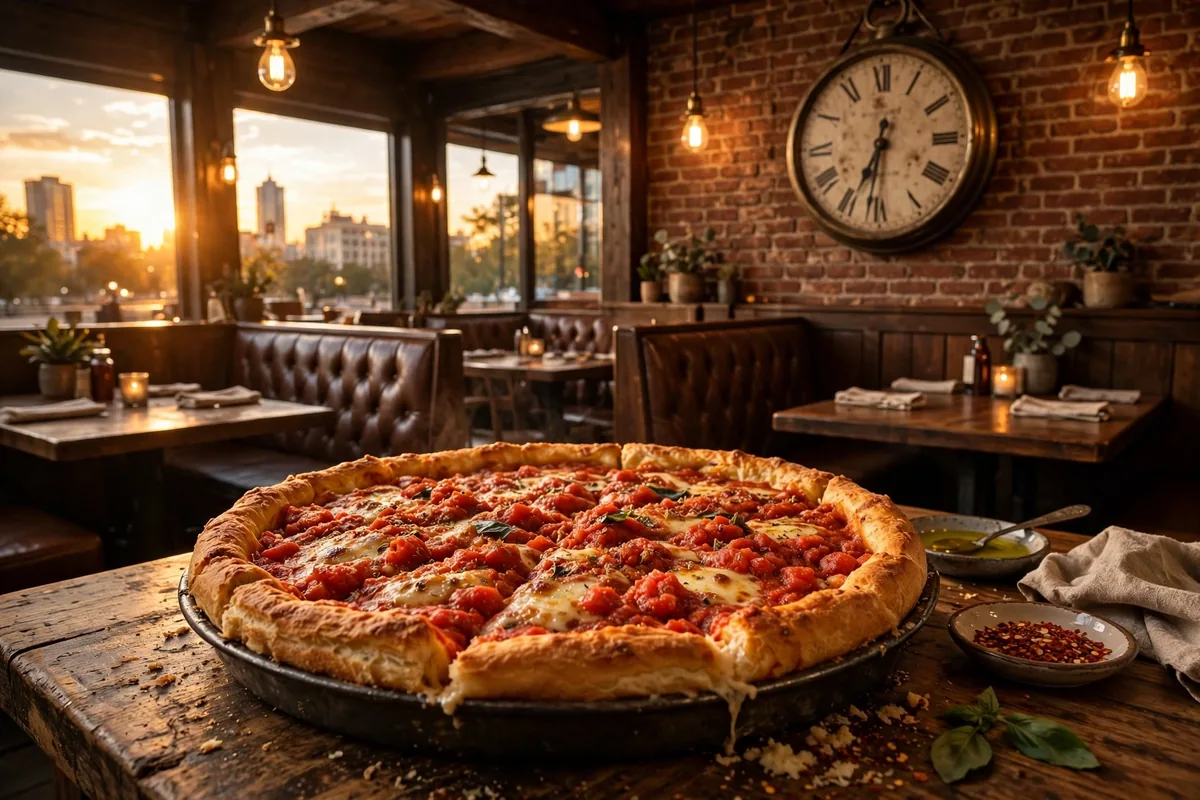 Lou Malnati's working hours 2026, deep dish pizza restaurant with clock