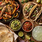 Lupe Tortilla menu fajita spread with tacos, guacamole and margarita