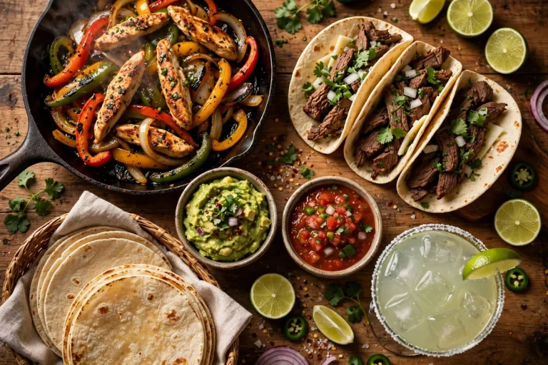 Lupe Tortilla menu fajita spread with tacos, guacamole and margarita