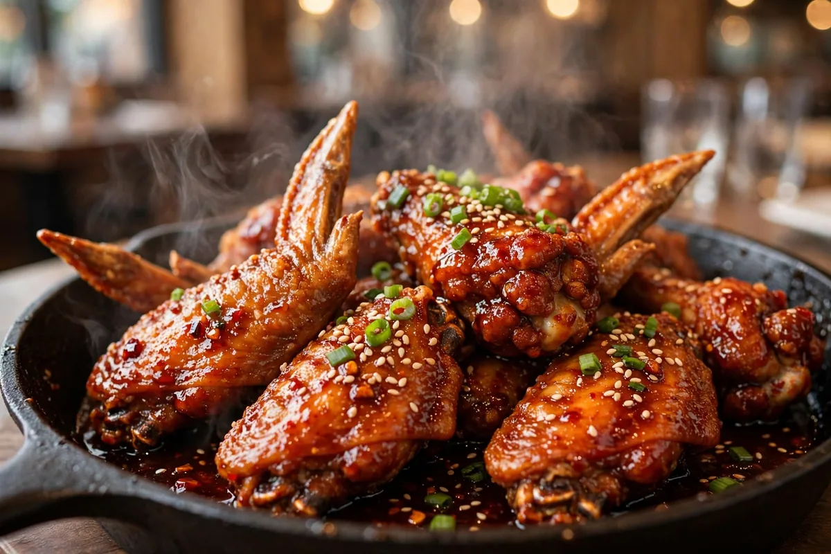 Mad For Chicken menu 2026: spicy glazed Korean fried chicken wings close-up in skillet