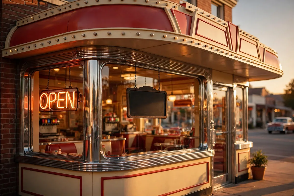 Maid-Rite working hours - vintage diner storefront with open sign
