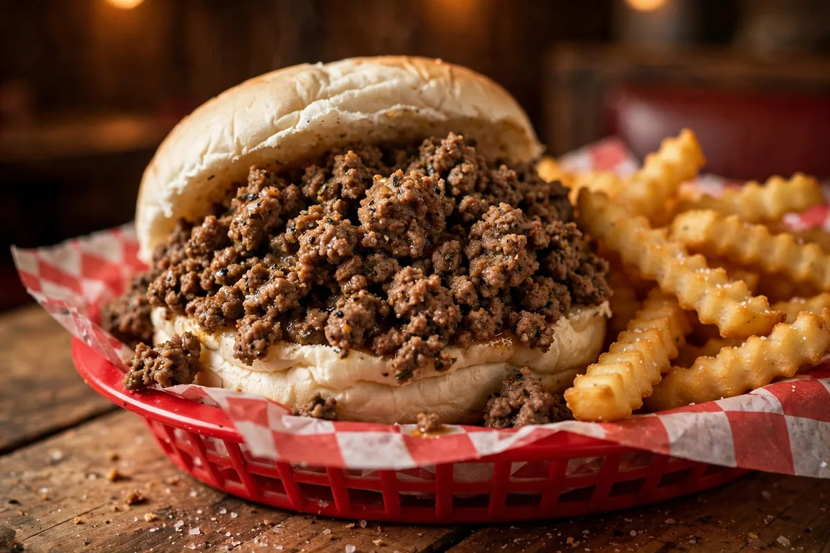 Maid-Rite loose meat sandwich and fries served during working hours