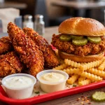 Main Chick Hot Chicken menu prices 2026 - crispy hot chicken tenders, spicy chicken sandwich and crinkle fries