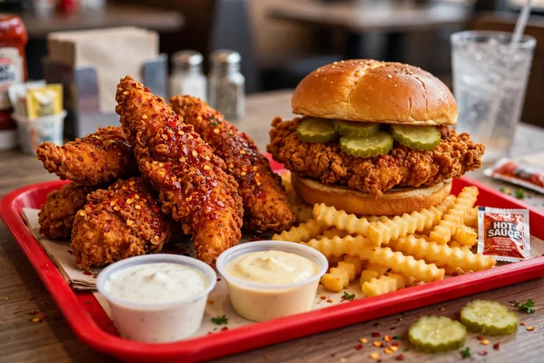 Main Chick Hot Chicken menu prices 2026 - crispy hot chicken tenders, spicy chicken sandwich and crinkle fries