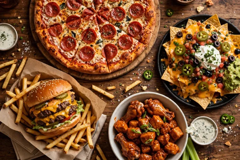 Main Event menu prices 2026 double cheeseburger wings nachos and pizza table spread