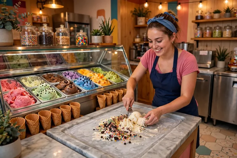 Marble Slab Creamery ice cream shop with marble slab counter folding mix-ins