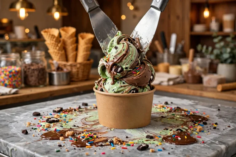Marble slab secret menu creation being folded on a frozen marble slab