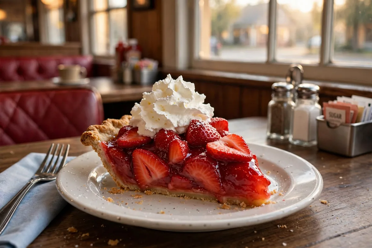 Marie Callender's menu strawberry pie slice served inside the restaurant
