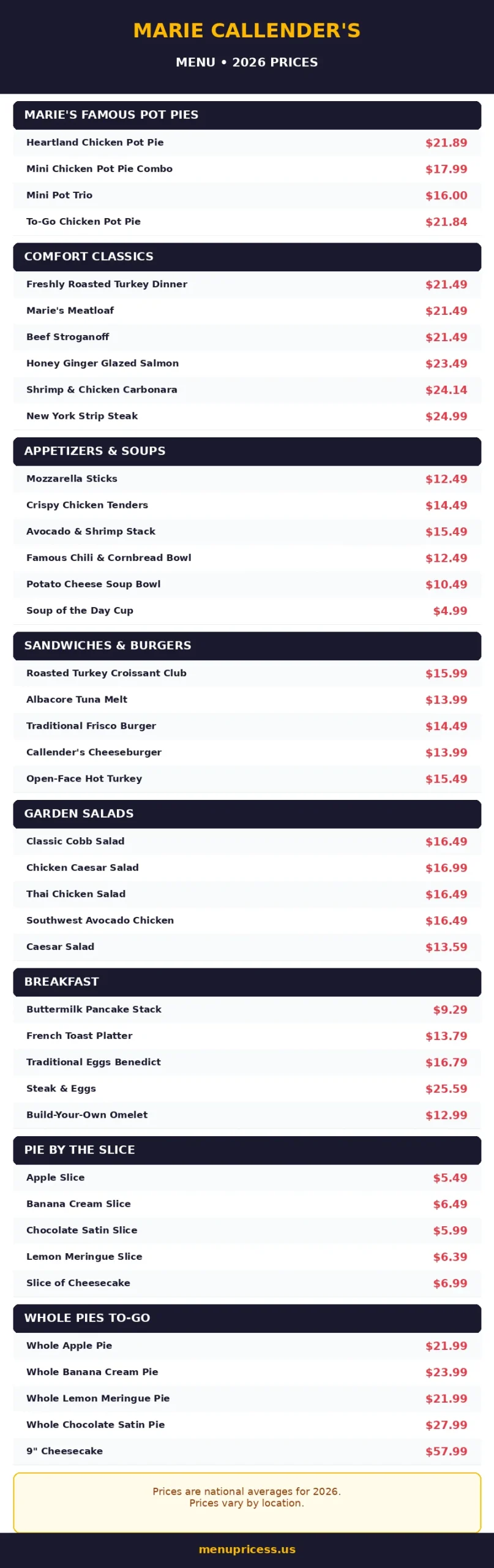 Marie Callender's menu prices 2026: full menu card with pot pies, comfort classics and pie prices