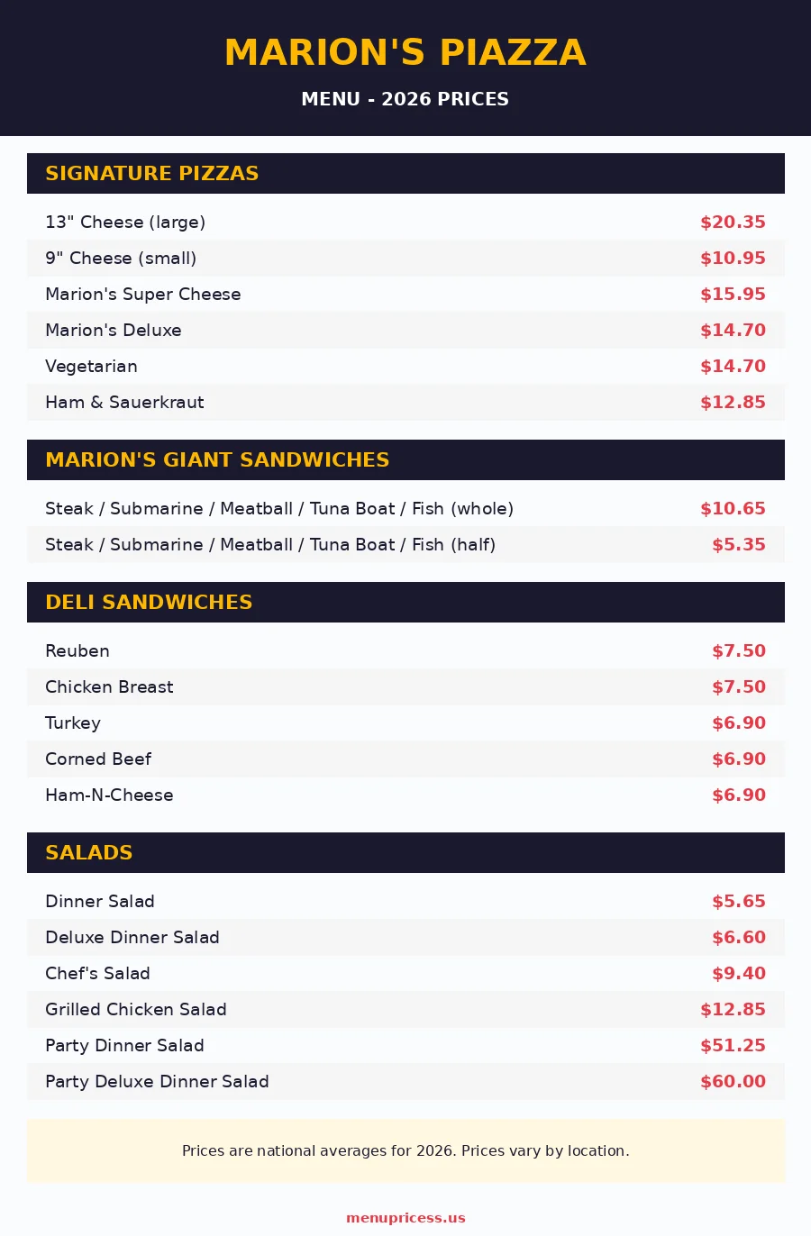Marions Piazza menu prices 2026 full menu card with pizza sandwich and salad prices