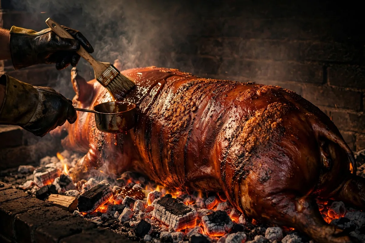 Whole hog smoking over hickory wood at Martin's Bar-B-Que Joint, the secret behind the Martin's BBQ menu
