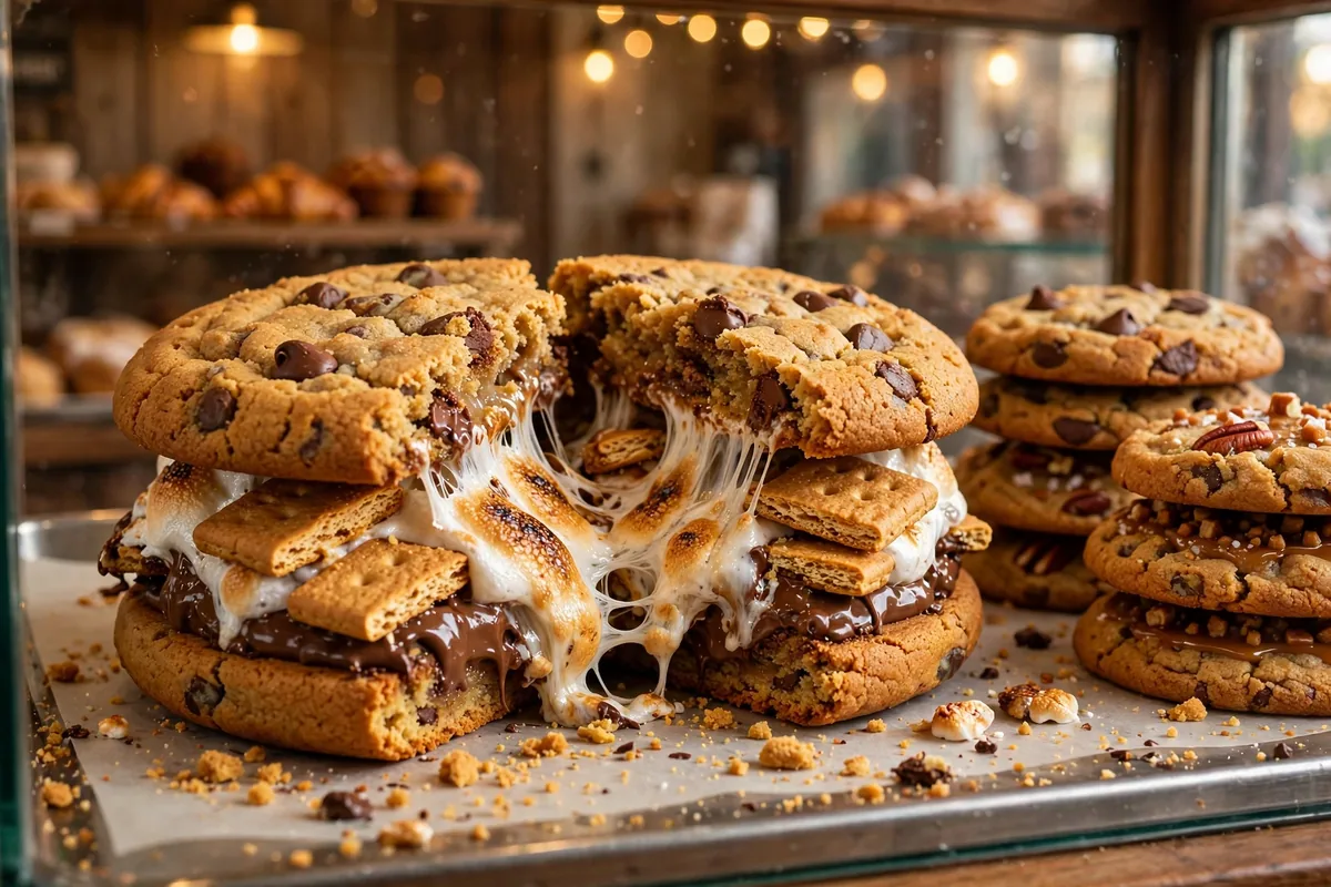 Marys Mountain Cookies menu s'more cookie sandwich close up with gooey marshmallow