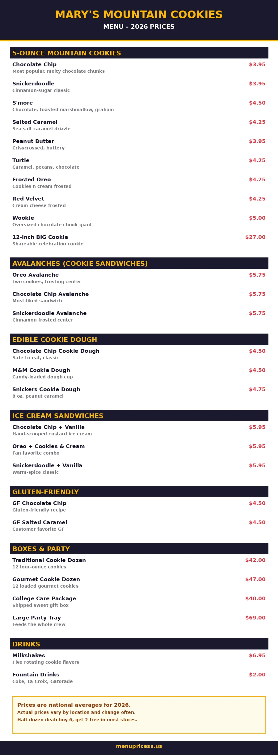 Marys Mountain Cookies menu prices 2026 menu card with all cookie prices