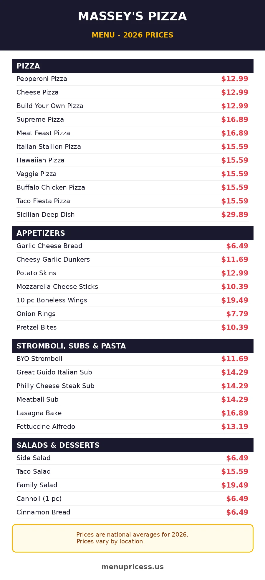 Massey's Pizza menu card with prices 2026