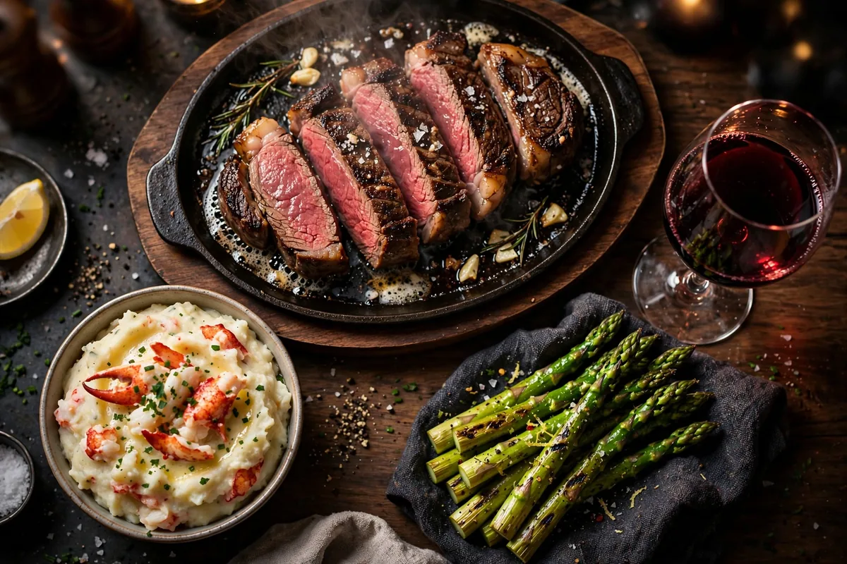Mastro's Steakhouse menu prices 2026 sliced prime ribeye steak with lobster mashed potatoes and red wine