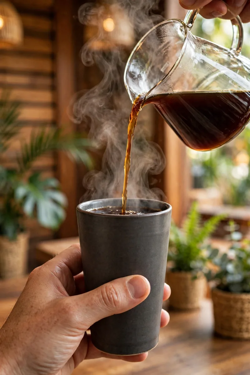 Fresh Kona coffee being poured at a Maui Wowi shop, Maui Wowi menu coffee drinks