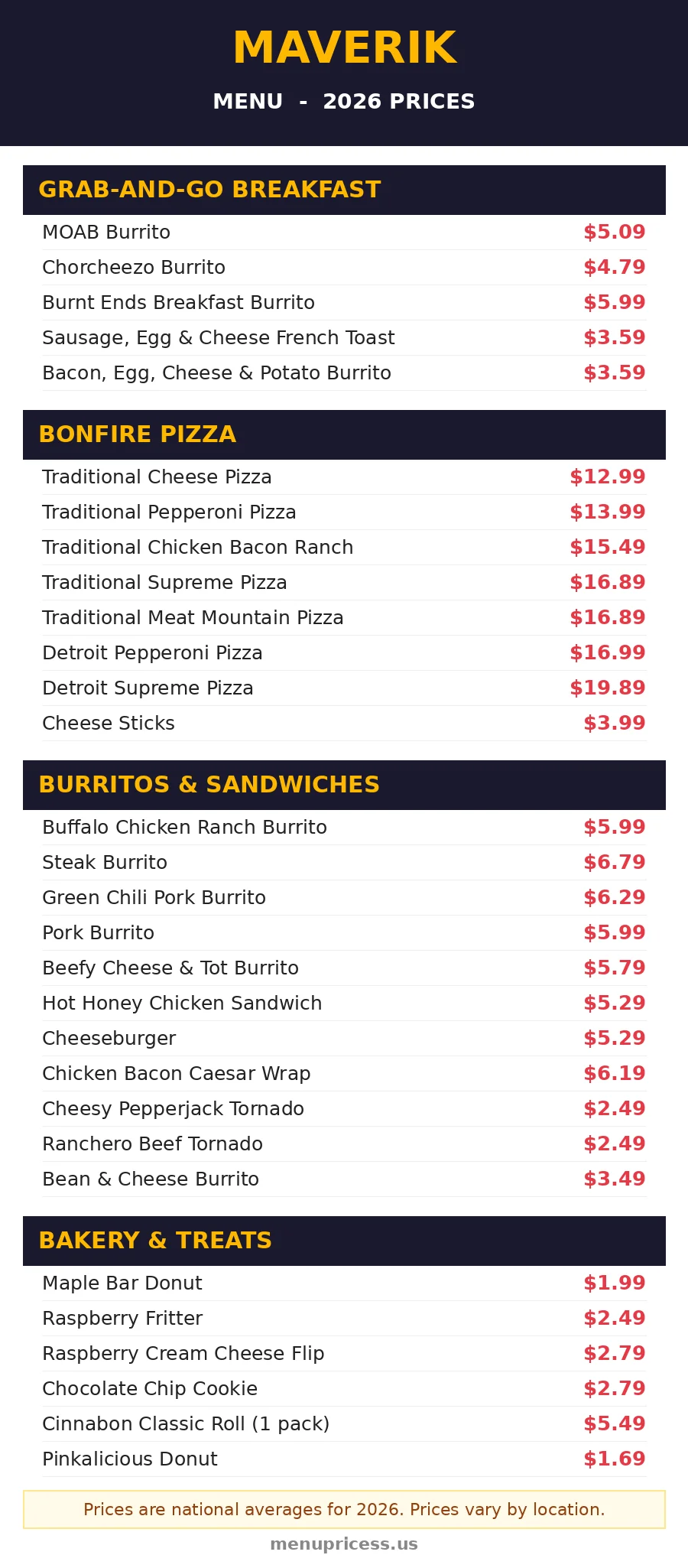 Maverik menu card 2026 with full BonFire menu prices