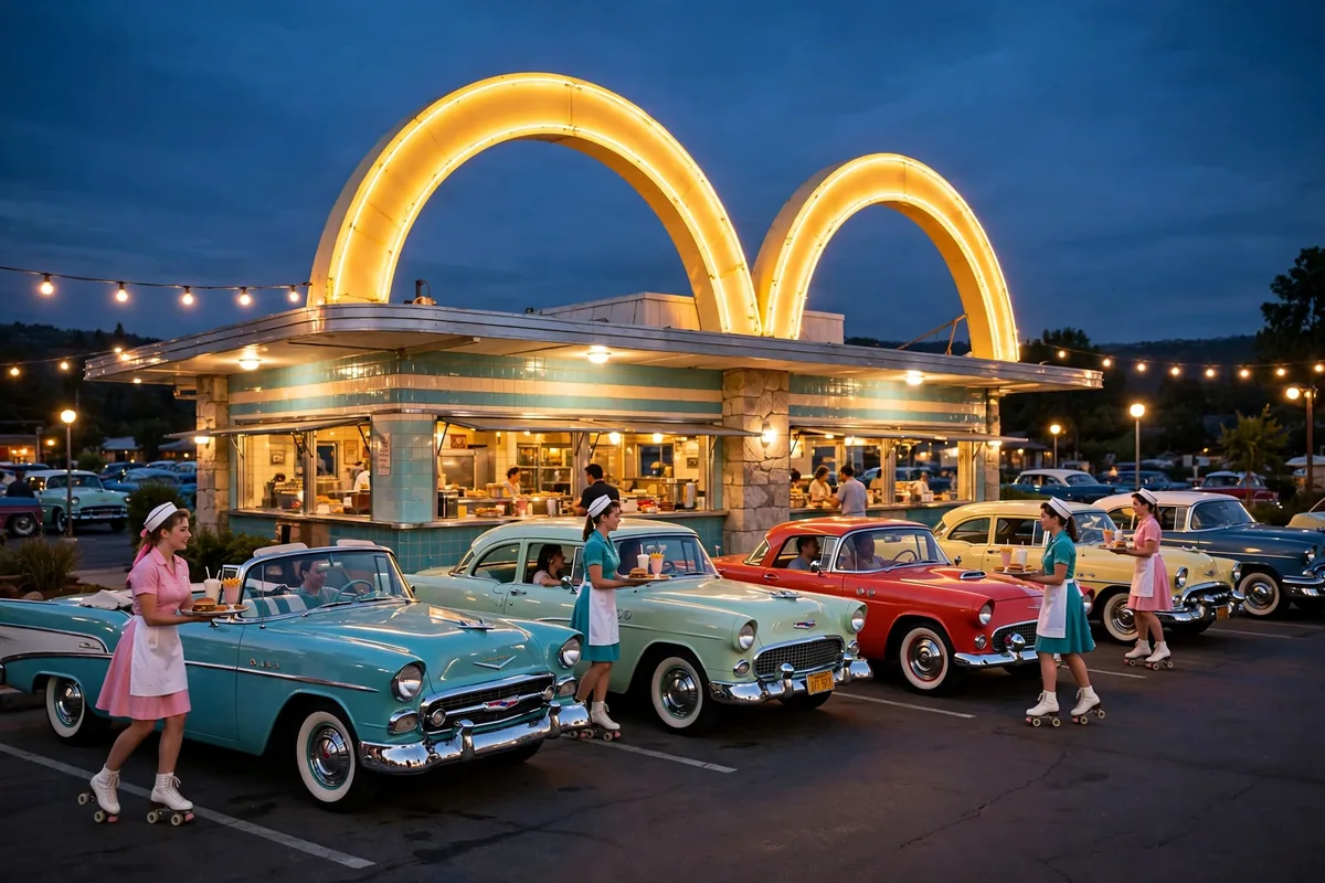 McDonald's explained: retro 1950s drive-in restaurant with neon golden arches and vintage cars