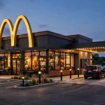 McDonald's franchise cost explained: modern burger restaurant with golden arches at dusk