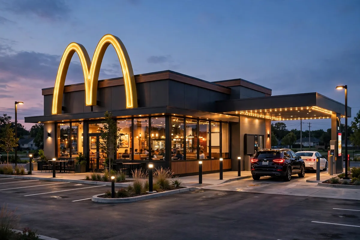 McDonald's franchise cost explained: modern burger restaurant with golden arches at dusk