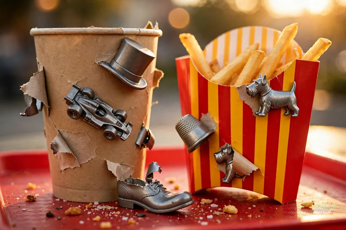 McDonald's Monopoly scandal game pieces peeling off a drink cup and fries carton