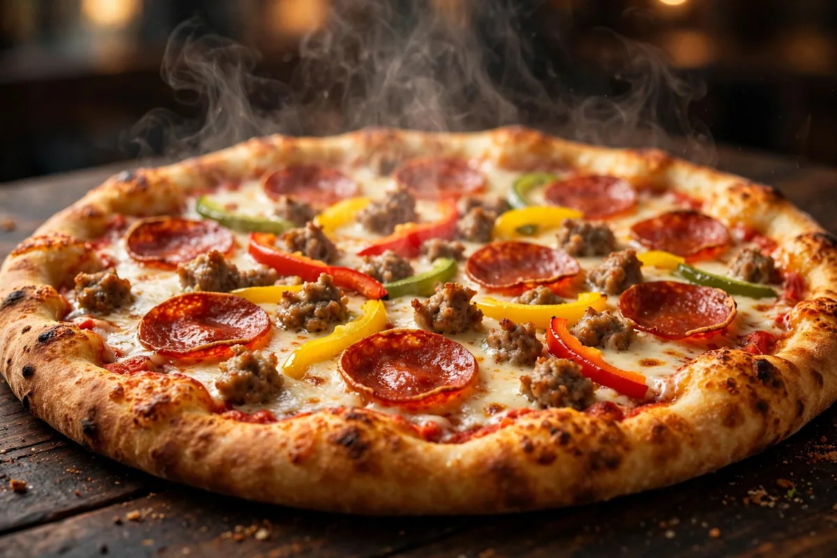 Me-N-Ed's pizza menu prices, Signature Series specialty pizza close-up
