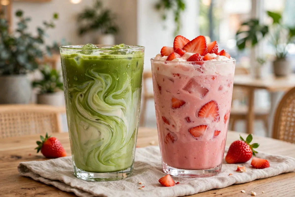 Iced mocha and strawberry matcha drinks showing human bean calories in blended beverages