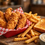 Layne's Chicken Fingers deals: crispy chicken tenders in a red basket with fries and Texas toast.