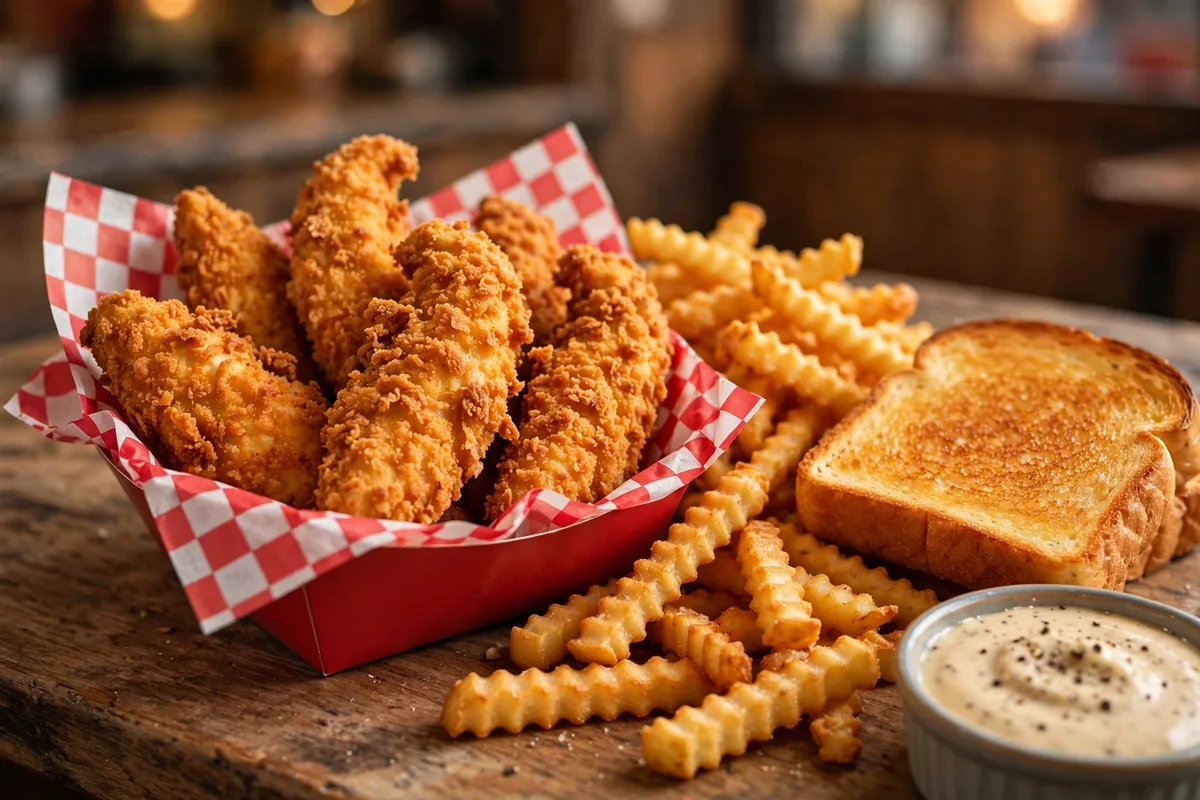 Layne's Chicken Fingers deals: crispy chicken tenders in a red basket with fries and Texas toast.