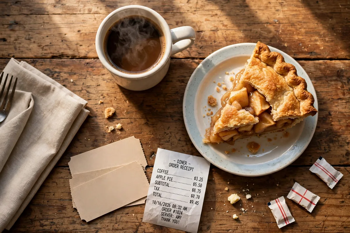 Perkins coupons, fresh apple pie and coffee on a diner table