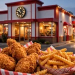 Raising Cane's restaurant exterior at night with a clock, chicken fingers and crinkle-cut fries — working hours guide 2026