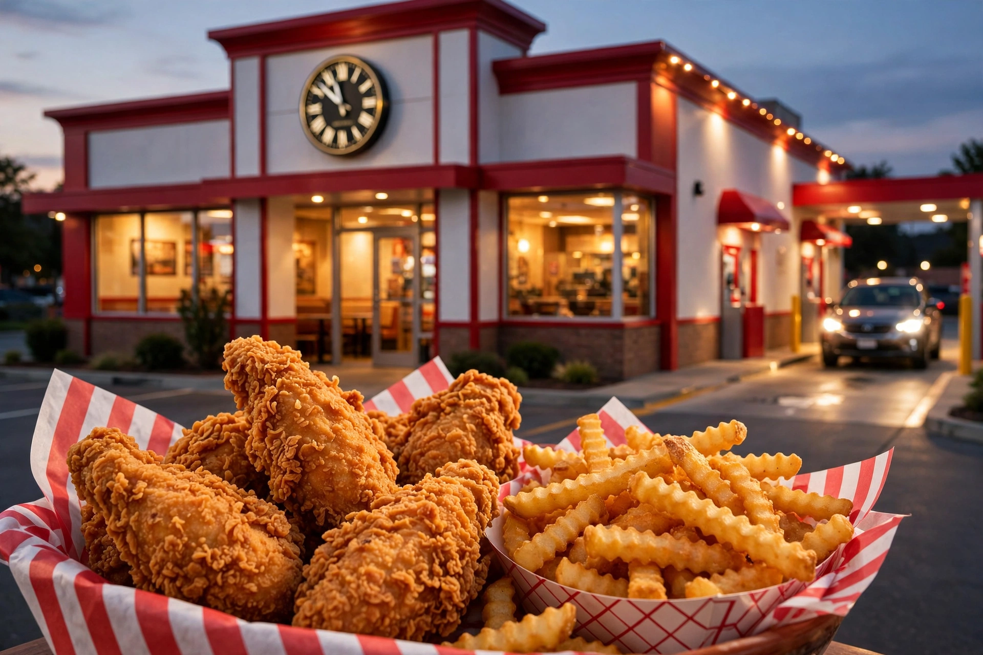 Raising Cane's restaurant exterior at night with a clock, chicken fingers and crinkle-cut fries — working hours guide 2026