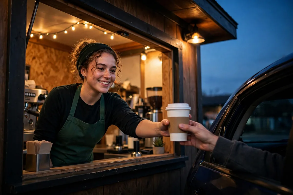 The Human Bean drive thru hours barista handing coffee at evening window