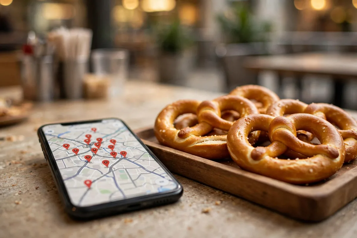 Wetzel's Pretzels locations near me: phone showing a store locator map next to warm soft pretzels