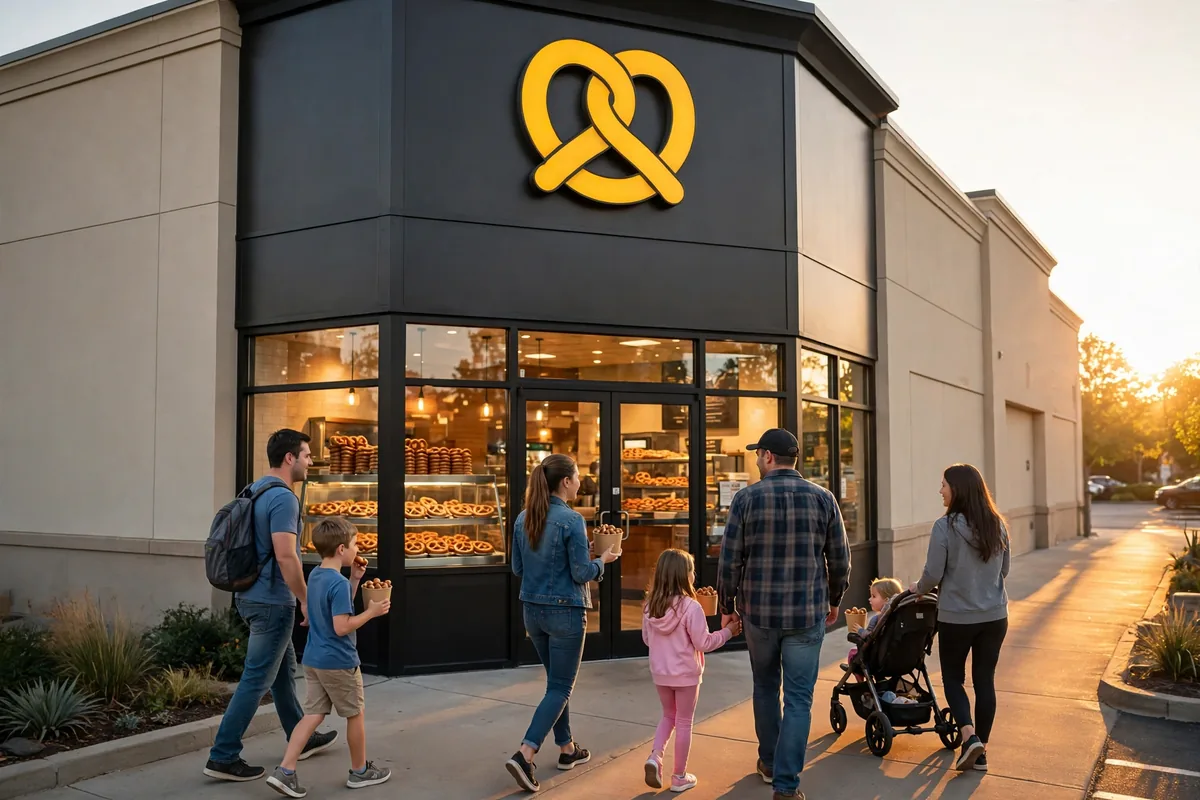 Wetzel's Pretzels locations near me: bakery storefront at golden hour, families heading in for fresh pretzels