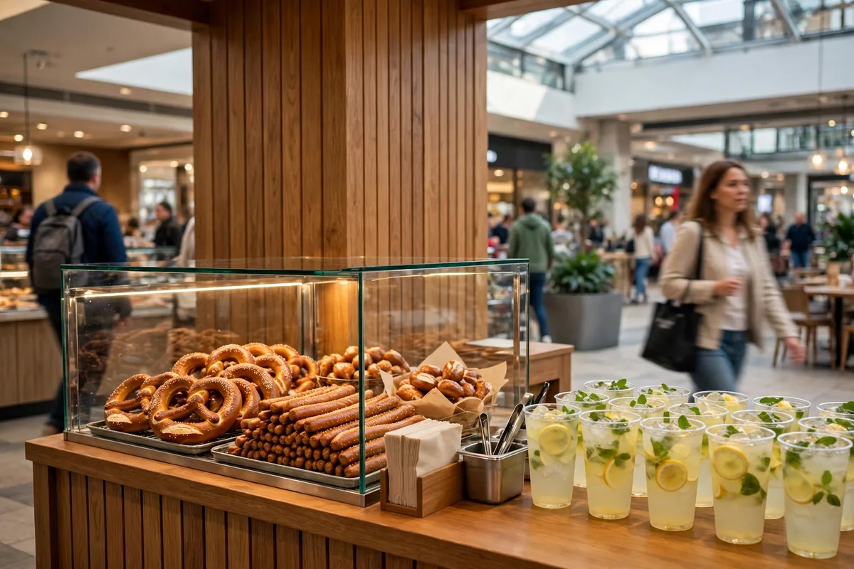 wetzels pretzels working hours: pretzel stand inside a busy mall food court
